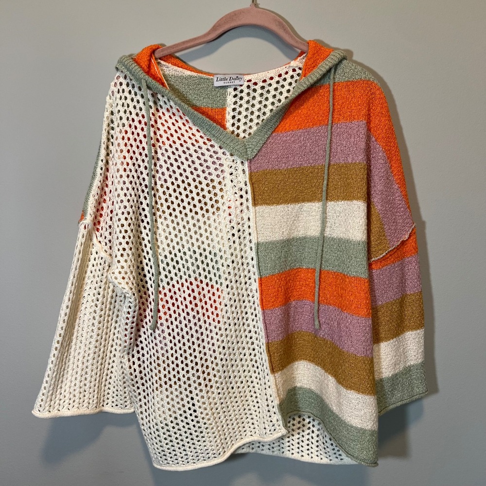 Little Daisy Closet Striped Crochet Hoodie Sweater Women's Small Multicolor